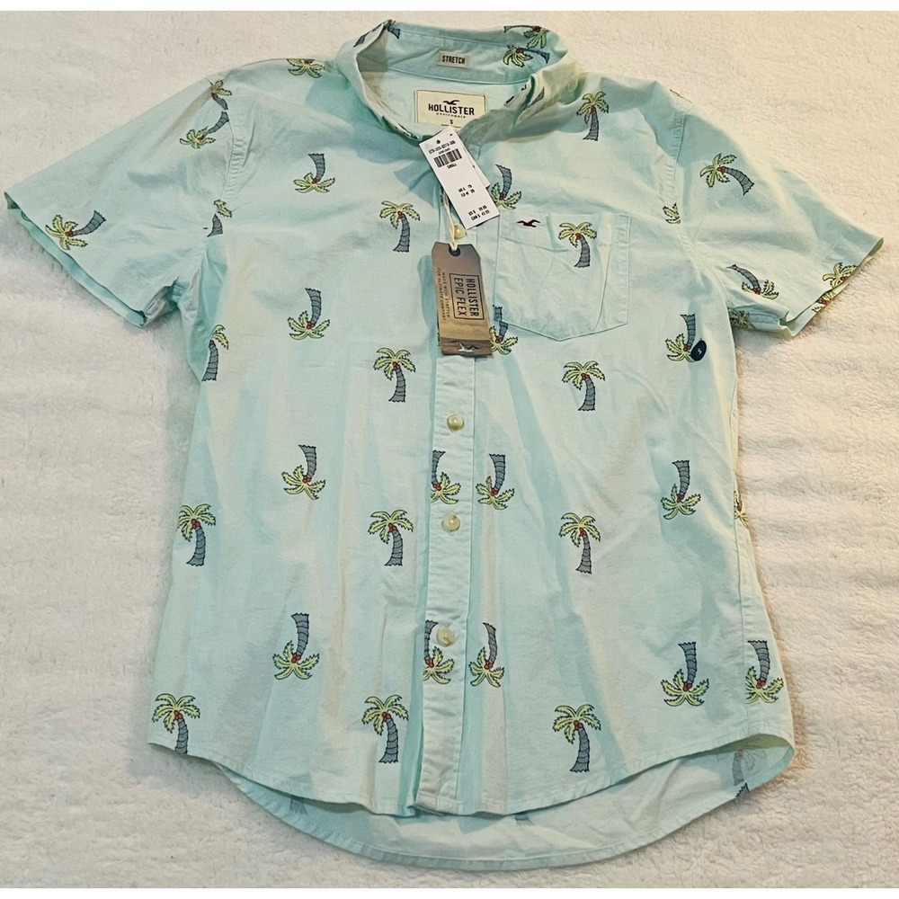 Hollister Epic Flex Mens Small Mint Green Palm Tree Print Short Sleeve Shirt NWT